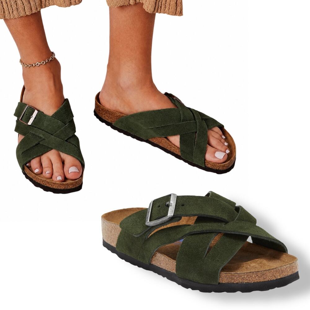 Birkenstock, Women’s ‘Lugano’ Woven Suede Sandals, Green Size 40 EU, 9-9.5 US
